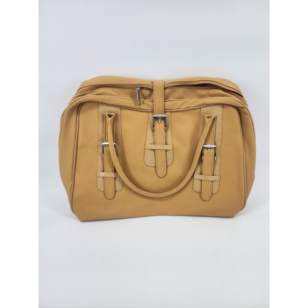 Tan Faux Leather Buckle Detail Makeup Toiletries Work Tote Bag Tan Handbag